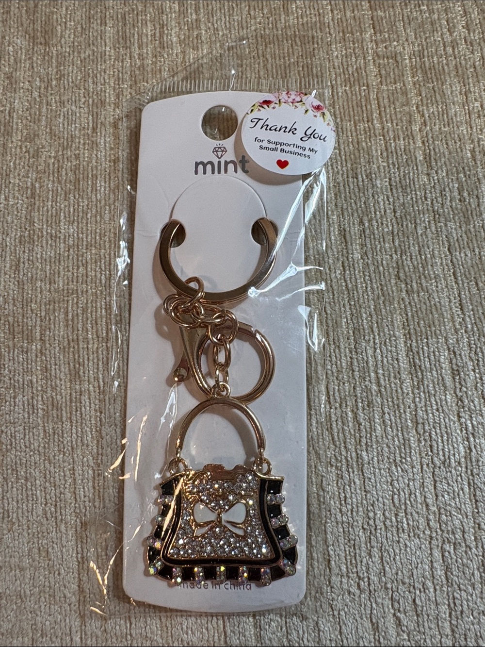 Mint Gold and Black Crystal Handbag Keychain